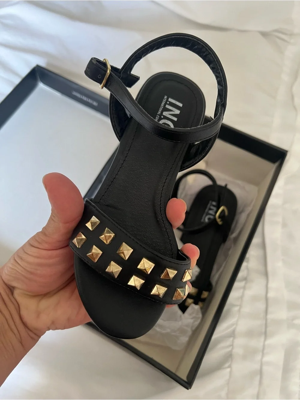 NYC Black Sandals with Gold Pyramid Studs